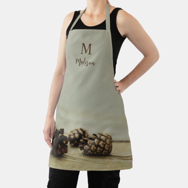 Rustic Autumn Pinecones Farmhouse Style Monogram Apron (Insitu)