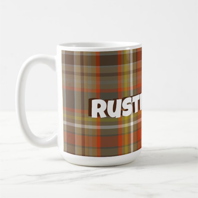 Rustic Autumn Plaid Brown Orange Grey Gold White Coffee Mug (Left)