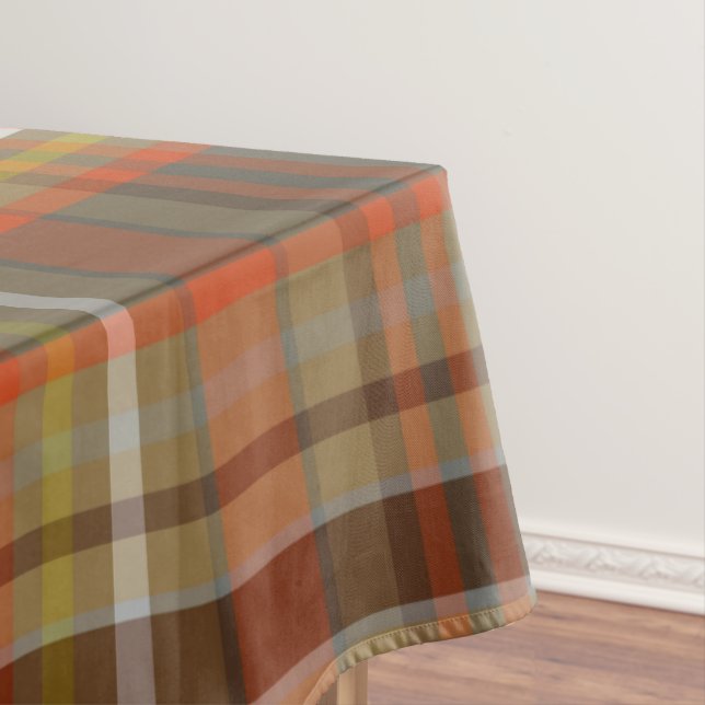 Rustic Autumn Plaid Brown Orange Grey Gold White Tablecloth (In Situ)