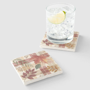 Rustic Autumn Plaid & Leaves   Stone Coaster