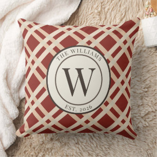 Rustic Autumn Plaid Monogram Family Crest Throw Pillow