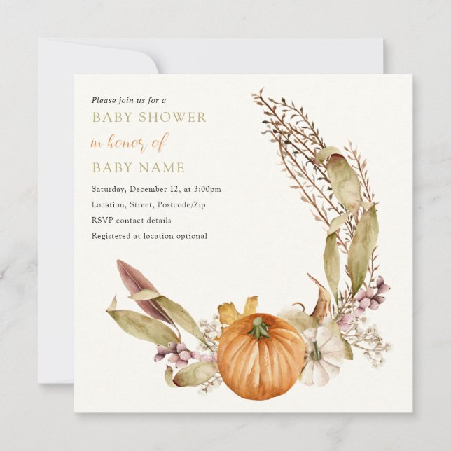 Rustic Autumn pumpkin baby shower invitation (Front)