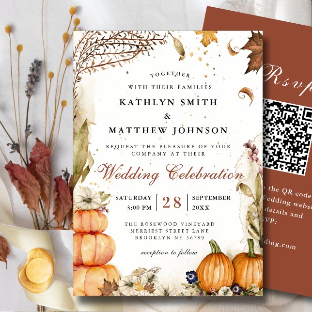 Rustic Autumn Pumpkin Botanical Fall Wedding QR Invitation (Creator Uploaded)