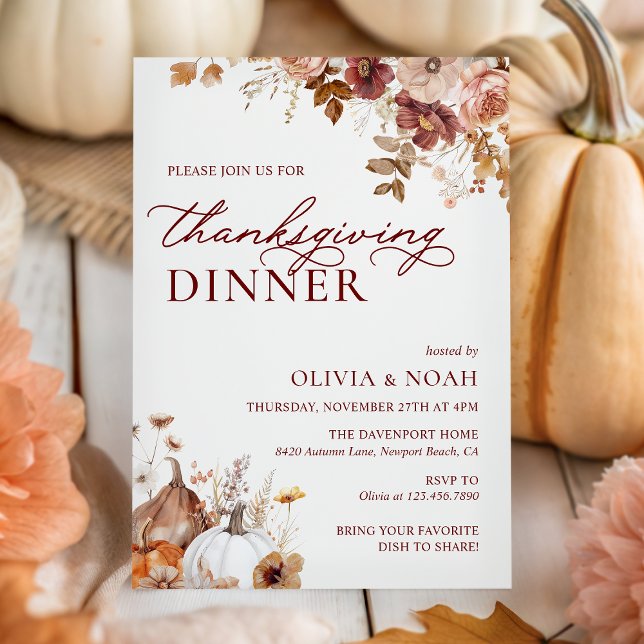Rustic Autumn Pumpkin Floral Thanksgiving Dinner Invitation (Creator Uploaded)