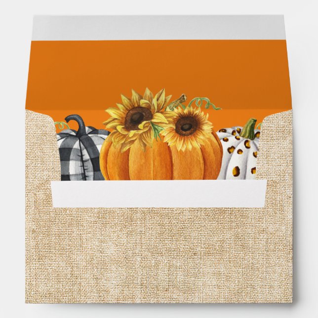 Rustic Autumn Pumpkin Sunflowers Burlap and Orange Envelope (Back (Bottom))