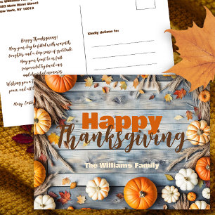 Rustic Autumn Pumpkins Blue Wood Thanksgiving Postcard