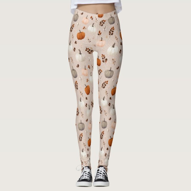 Rustic Autumn Pumpkins & Fall Leaves Leggings (Front)