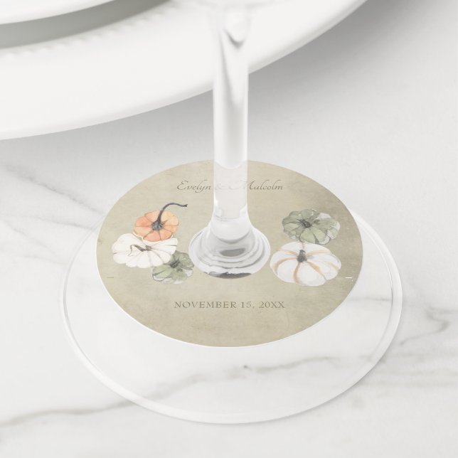 Rustic Autumn Pumpkins Fall Wedding Wine Glass Tag (Close Up)