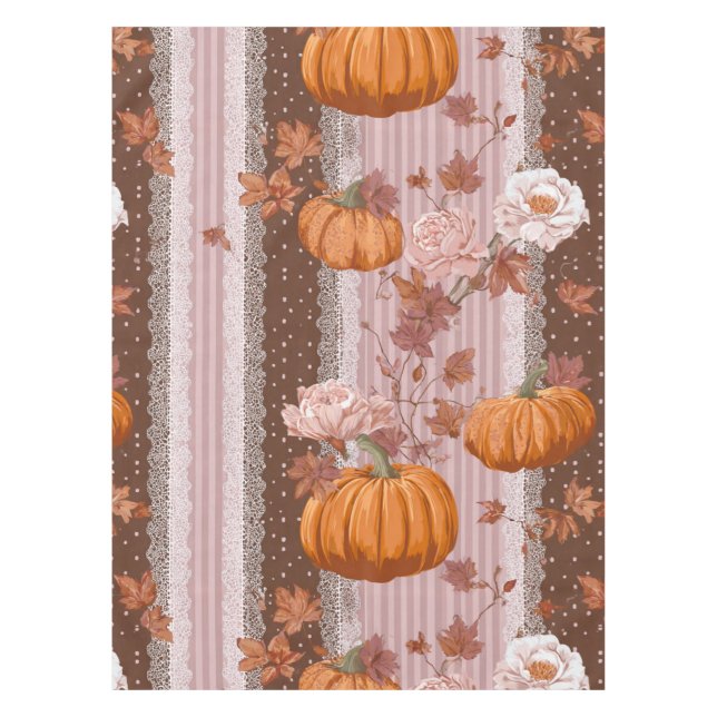 Rustic Autumn Pumpkins & Floral Lace Seamless Tablecloth (Front)