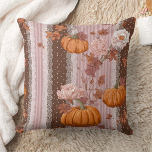 Rustic Autumn Pumpkins & Floral Lace Seamless Throw Pillow