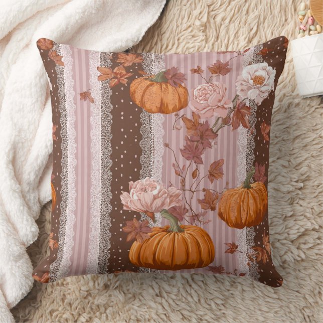 Rustic Autumn Pumpkins & Floral Lace Seamless Throw Pillow (Blanket)