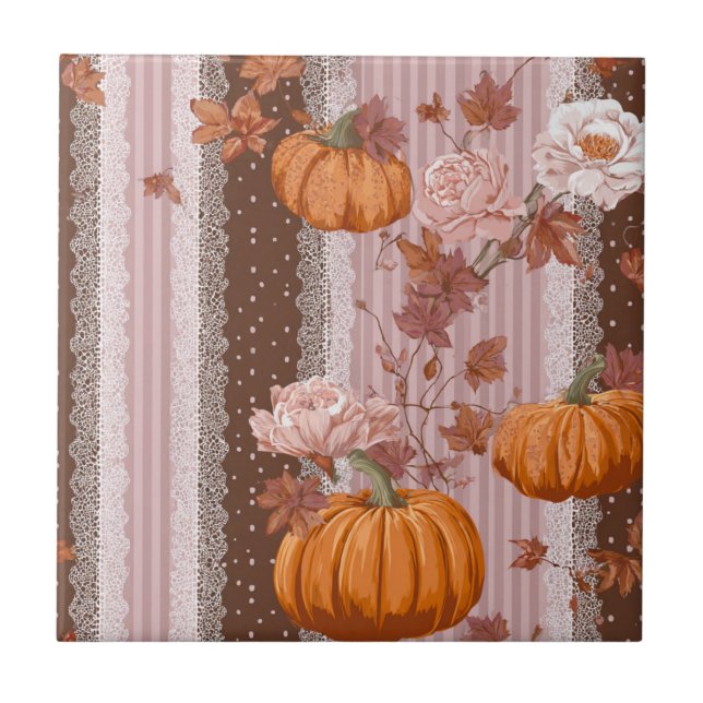 Rustic Autumn Pumpkins & Floral Lace Seamless Tile (Front)
