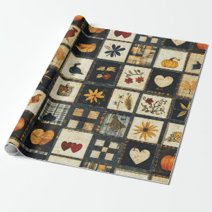 Rustic Autumn Quilt Pattern   Farmhouse Patchwork Wrapping Paper