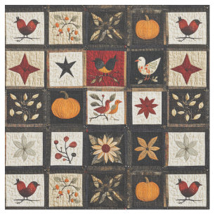 Rustic Autumn Quilt Pattern Harvest Folk Motifs Fabric