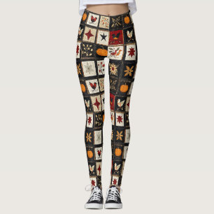 Rustic Autumn Quilt Pattern Harvest Folk Motifs Leggings