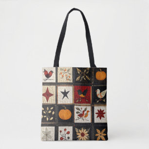 Rustic Autumn Quilt Pattern Harvest Folk Motifs Tote Bag