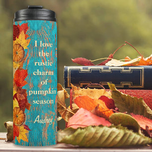 Rustic Autumn. Red Leaves & Pumpkin. Personalized Thermal Tumbler