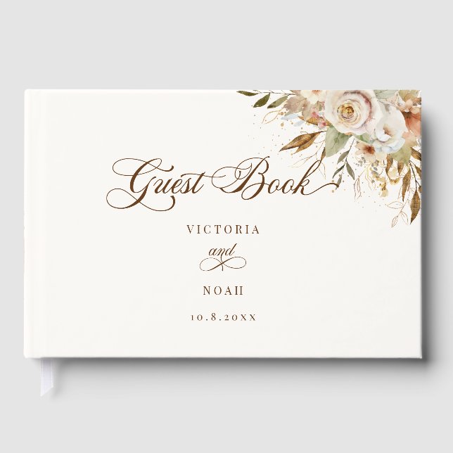 Rustic Autumn Roses Botanical Script Guest Book (Front)