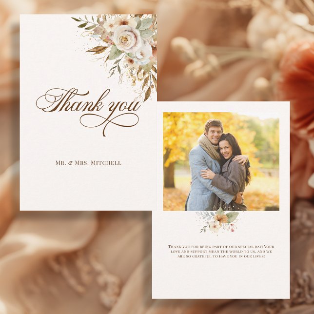 Rustic Autumn Roses Botanical Script Thank You Card (Creator Uploaded)