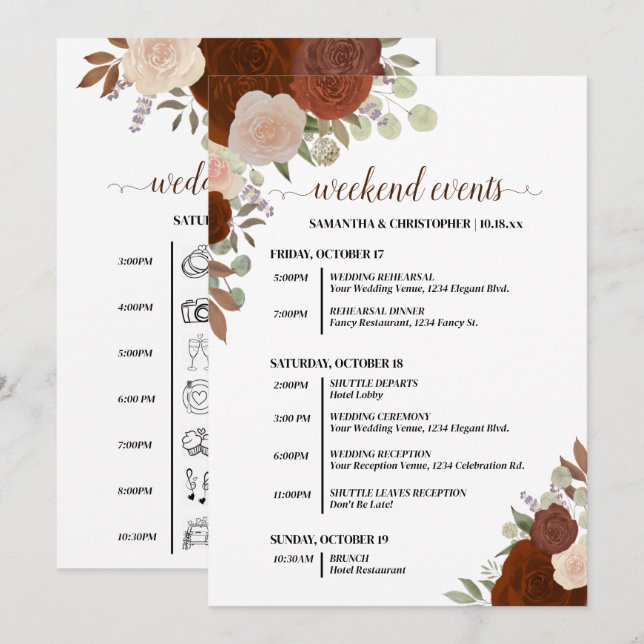 Rustic Autumn Roses Wedding Events & Timeline Program (Front/Back)