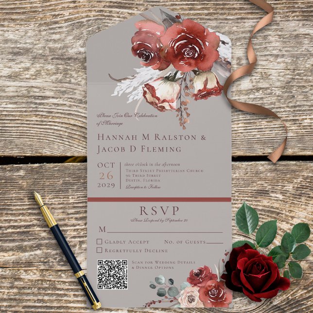 Rustic Autumn Rust Floral Grey QR Code All In One Invitation (Creator Uploaded)