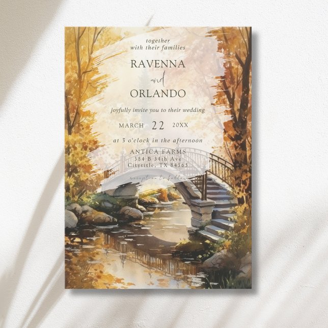 Rustic Autumn Stone Bridge River Fall Wedding Invitation (Creator Uploaded)