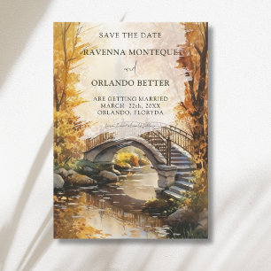 Rustic Autumn Stone Bridge River Fall Wedding Save The Date