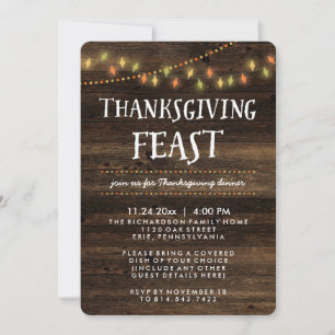 Rustic Autumn String Lights and Wood Thanksgiving Invitation