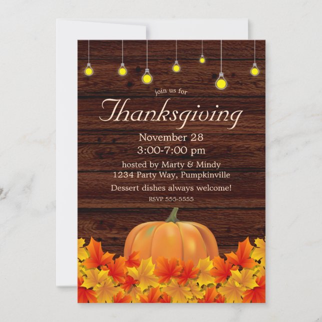 Rustic Autumn String Lights, pumpkin Thanksgiving Invitation (Front)
