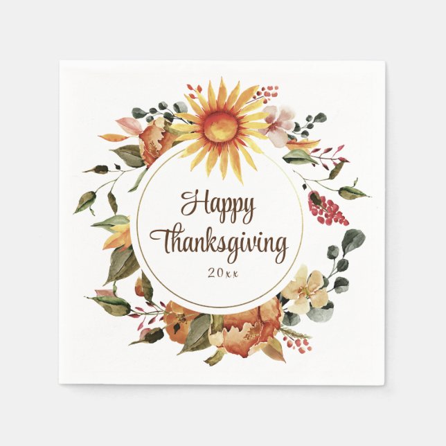 Rustic Autumn Sunflower Floral Thanksgiving Script Napkin (Front)
