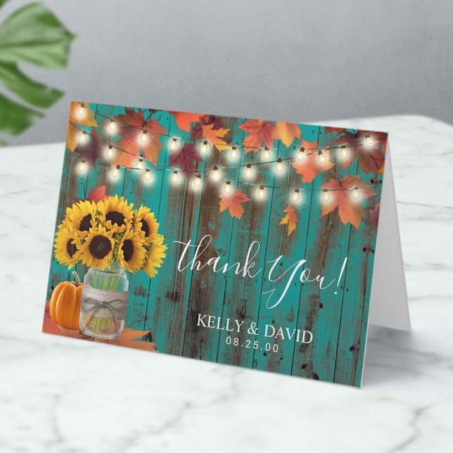 Rustic Autumn Sunflower Jar Pumpkin Wedding Thank You Card (Creator Uploaded)