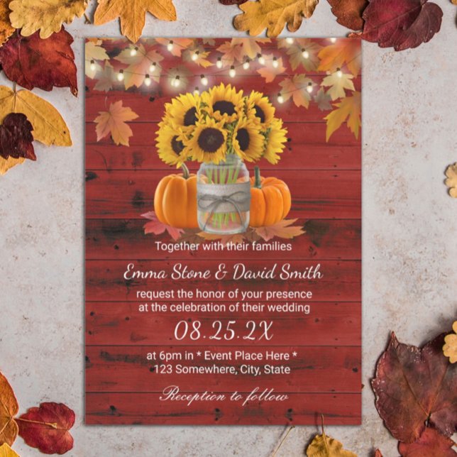 Rustic Autumn Sunflower Jar Pumpkins Red Barn Invitation (Creator Uploaded)