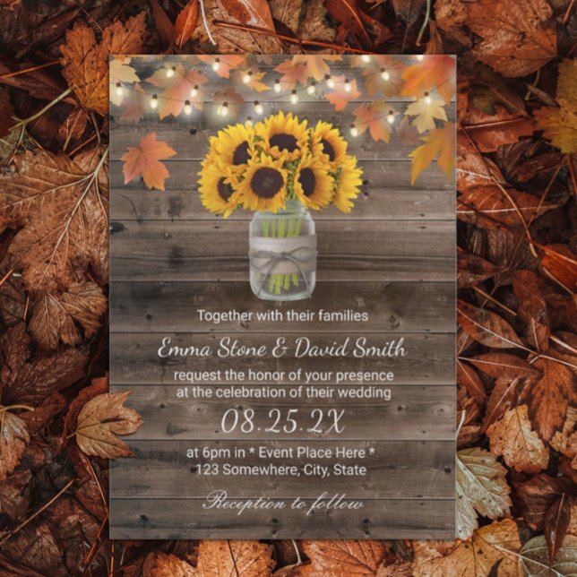 Rustic Autumn Sunflower Jar String Lights Wedding Invitation (Creator Uploaded)
