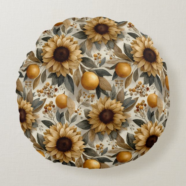 Rustic Autumn Sunflowers & Citrus Round Pillow (Front)