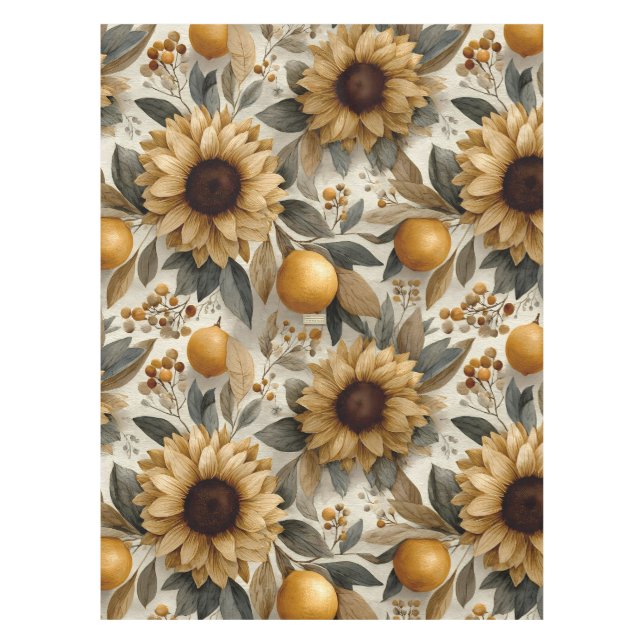 Rustic Autumn Sunflowers & Citrus Tablecloth (Front)