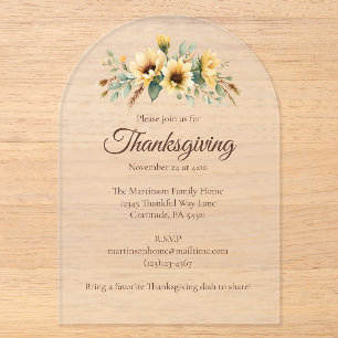 Rustic Autumn Sunflowers Floral Thanksgiving Acrylic Invitations