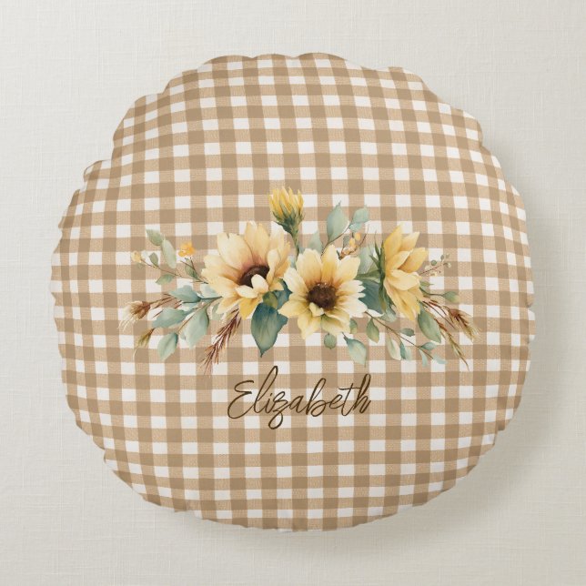 Rustic Autumn Sunflowers Gingham Personalized  Round Pillow (Front)