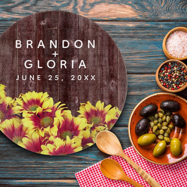 Rustic Autumn Sunflowers on Fence Wedding Cutting Board (Creator Uploaded)