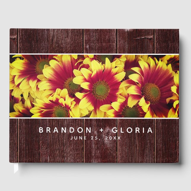 Rustic Autumn Sunflowers on Fence Wedding Guest Book (Front)