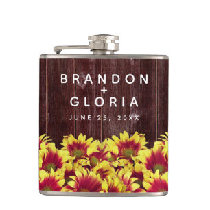 Rustic Autumn Sunflowers on Fence Wedding Hip Flask