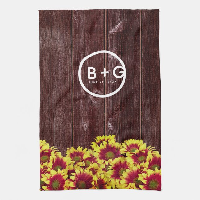 Rustic Autumn Sunflowers on Fence Wedding Kitchen Towel (Vertical)
