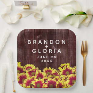 Rustic Autumn Sunflowers on Fence Wedding Paper Plate