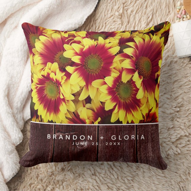 Rustic Autumn Sunflowers on Fence Wedding Throw Pillow (Blanket)