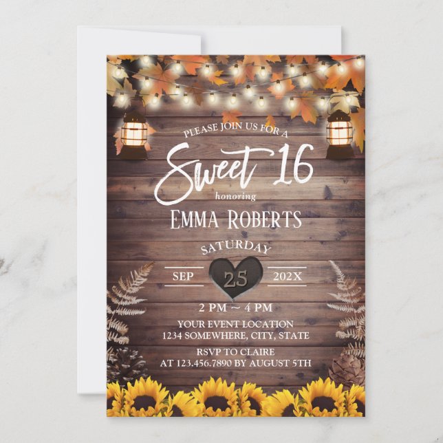 Rustic Autumn Sunflowers Vintage Lantern Sweet 16 Invitation (Front)
