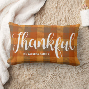 Rustic Autumn Tartan Plaid Pattern Script Thankful Lumbar Pillow