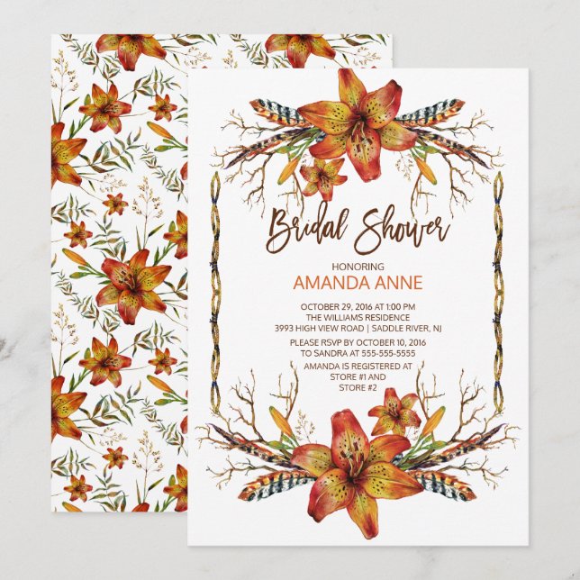 Rustic Autumn Tiger Lily Bridal Shower Invitation (Front/Back)