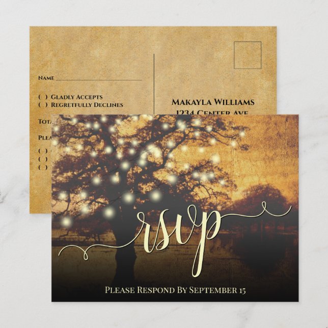Rustic Autumn Tree & Lights Parchment Wedding RSVP Postcard (Front/Back)