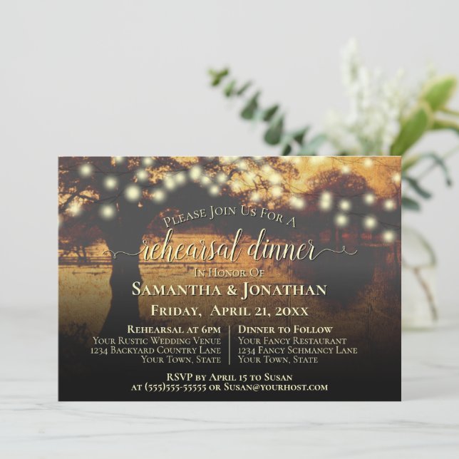Rustic Autumn Tree Lights Wedding Rehearsal Dinner Invitation (Standing Front)