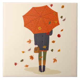 Rustic Autumn Umbrella Girl Tile