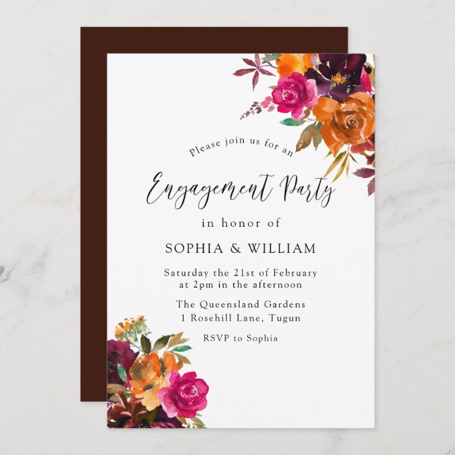 Rustic Autumn Watercolor Floral Engagement Party Invitation (Front/Back)